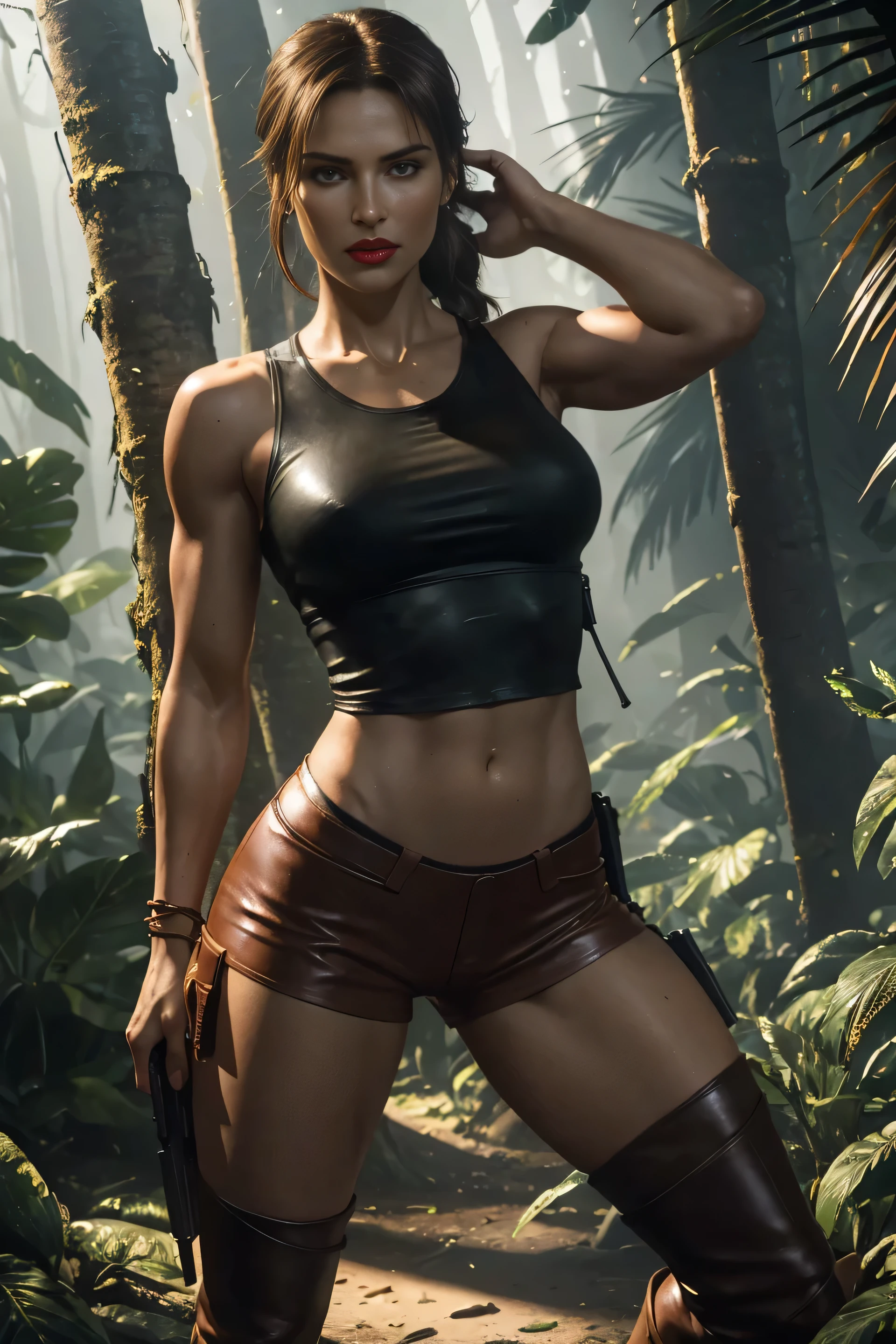 Masterpiece, realism, digital art, full bod of a woman who is lara croft, long brown ponytail, brown eyes, girlish face, long graceful neck, red lips, long muscular thighs, short tight brown leather shorts, pale green sleeveless torn t-shirt, brown leather boots , art by Karol Bak, bird fighter, ultra-realistic hyper-realistic, edge lighting, cinematic, perfect contrast, high sharpness, depth of field, ultra detailed photography, global illumination, smooth, ultra high definition, 8k, unreal engine 5, ultra sharp focus, award-winning photo in the jungle