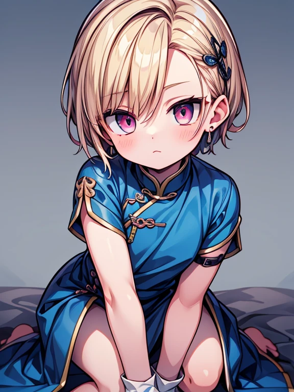 Masterpiece High res, boy, cute femboy shota, male, white skin, pink eyes, short beautiful blonde hair,wearing blue chinese dress with blue accents,one blue hairpin,