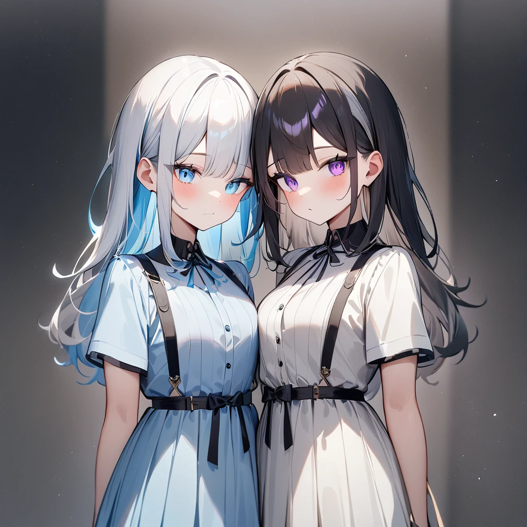 {{2girls}},masterpiece,best quality,very aesthetic,absurdres,cowboy shot,lightcolor,darkcolor,light hair,dark hair,White hair,light  blue hair,light  blue eyes,Lovely,translucent hair,dark purple eyes,headless,(black hair,one eyes),