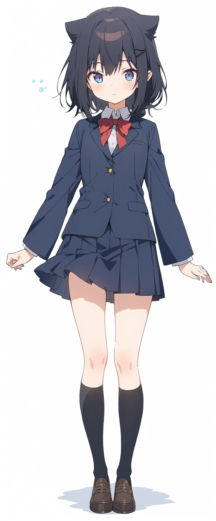 White background、Solid white background、Blank background、Ultra-high resolution, highest quality,Solo,just standing girl, One Girl、Full body view from the front、fish-bone braid hair、Fishbone Hair、black hair、beautiful detailed eyes、Black hair × Blue eyes、blue eyes、sleeping face、Flat Chest、Black long sleeve blazer,Black pleated skirt、Knee-high socks、loafers