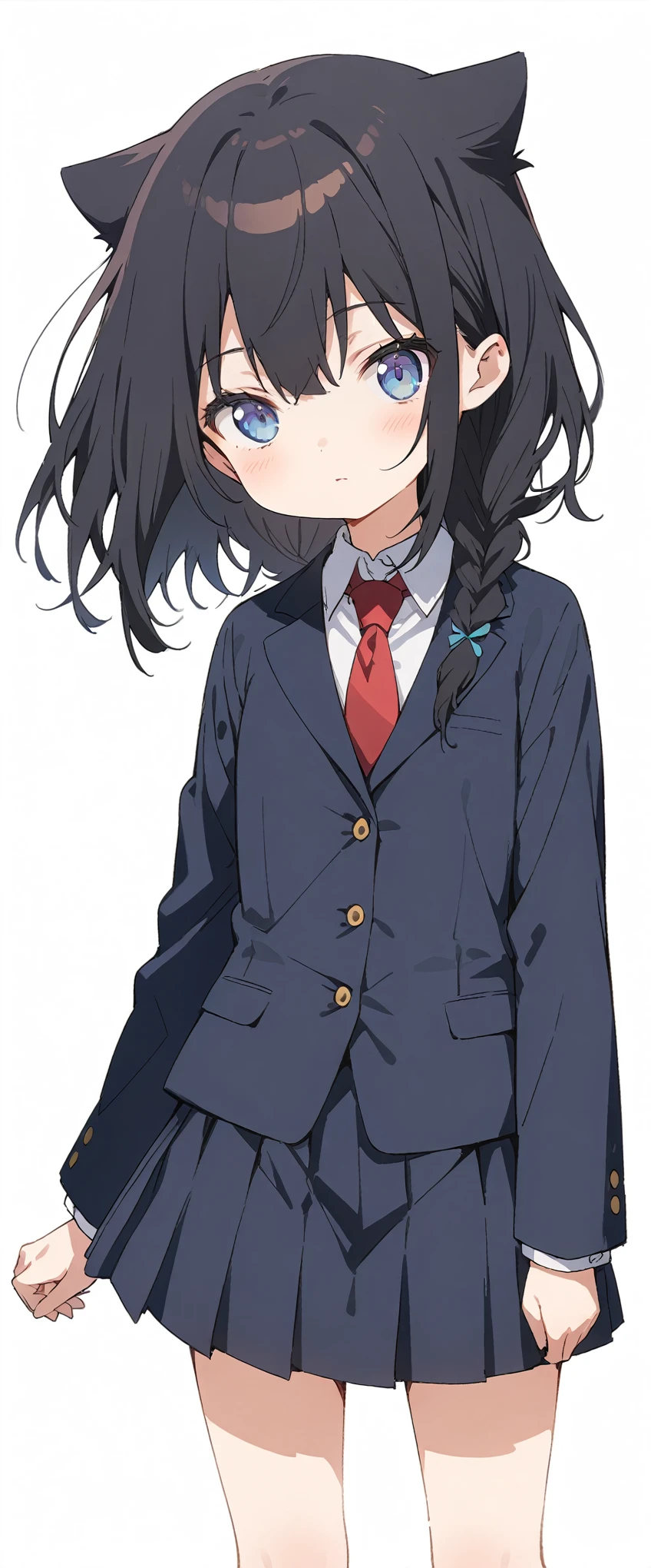 White background、Solid white background、Blank background、Ultra-high resolution, highest quality,Solo,just standing girl, One Girl、Full body view from the front、fish-bone braid hair、Fishbone Hair、black hair、beautiful detailed eyes、Black hair × Blue eyes、blue eyes、sleeping face、Flat Chest、Black long sleeve blazer,Black pleated skirt、Knee-high socks、loafers