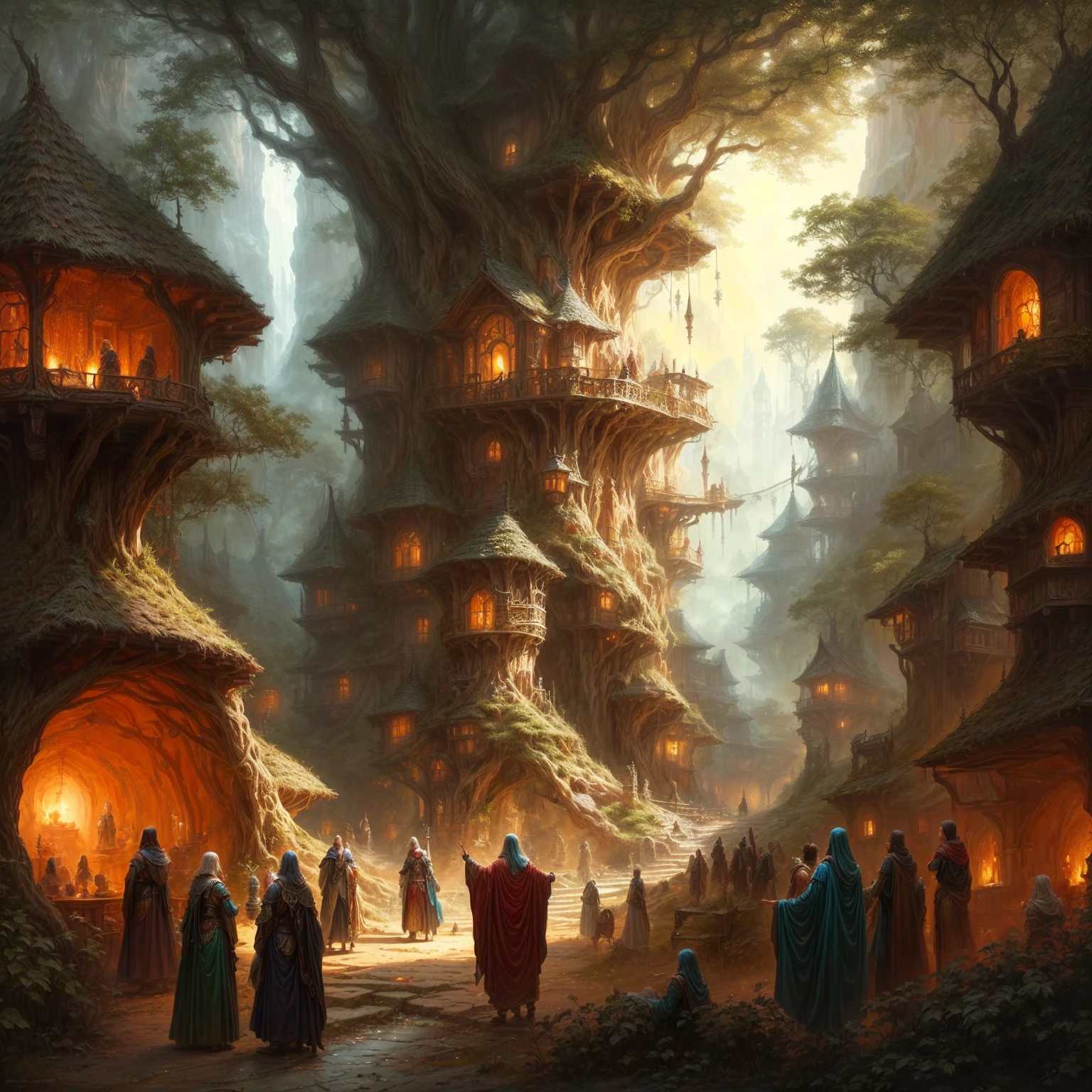 a painting of a group of people, die vor einem Baumhaus stehen, symmetrische epische Fantasy-Kunst, 4K-Fantasy-Kunst, hyperrealistisches d & D Fantasy-Kunst, Weitwinkel-Fantasie-Kunst, detaileD Fantasy-Kunst, hyperrealistische Fantasy-Kunst, highly detaileD Fantasy-Kunst, mittelalterliche Fantasiestadt, Fantasy-Stadtkulisse, Fantasy-Konzeptkunst, detailed matte fantasy painting, Realistisches Fantasy-Kunstwerk