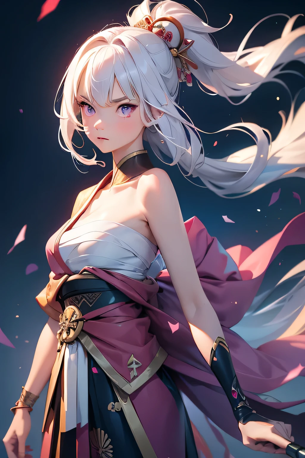 (masterpiece, best quality, dutch angle)(1girl, solo)(white hair,Purple Eyes,Straight long hair)(sarashi,japanese clothes,one shoulder、Wear one kimono:1.4、One shoulder exposed)(Serious expression, Woman holding a sword:1.3、floating hair)(In front of the samurai residence、Mystical Night、Particles of light float around the woman、Space for fantasy)