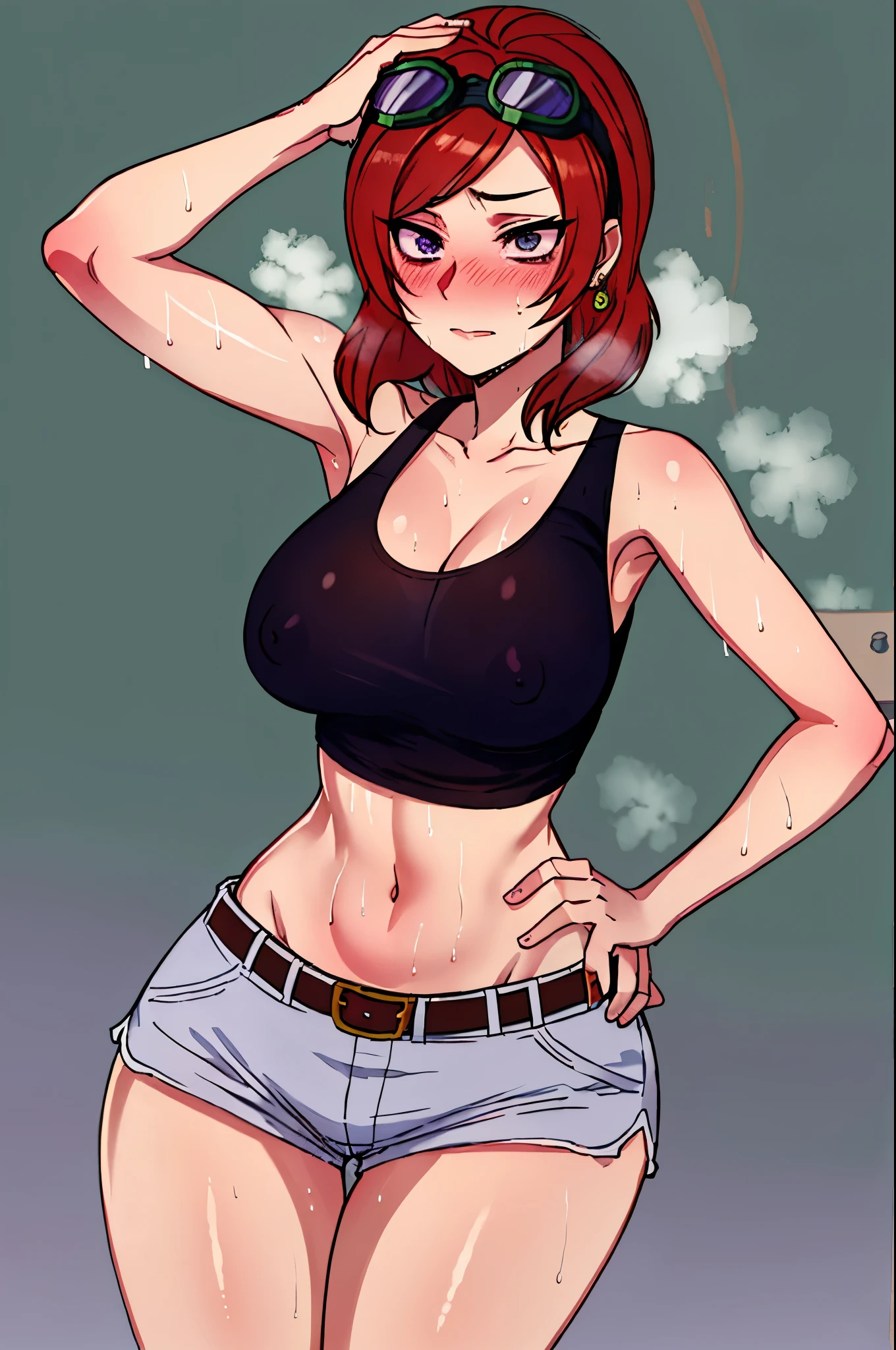 Masterpiece, best quality,solo, (cowboy shot), nishikino maki, purple eyes, big breasts, wide hips,hand on hip, white tank top, brown short shorts,goggles on head, ,earrings, fortune , slightly exposed midriff ,sweaty ,sweaty oily skin, clothes soaked in sweat and oil ,belt,(navel:1.1), (nipple:0.8)