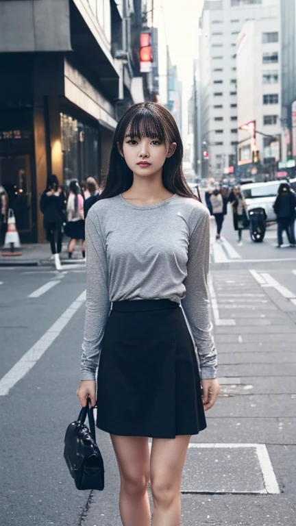 Young Japanese Woman、(Slender women、slender),(Long Hair,Light Wave、curl),Beauty、cute、(Grey long sleeve,A tight fitting long T-shirt、tight long t-shirt:1.3),(A skirt made of thin fabric、Black Skirt、Design that emphasizes the hip line:1.3),(Mid-chest、The unevenness of the body is noticeable:1.3)、(Black shoes、Heel)、night、bustling street、In front of the station、crowd、crowd