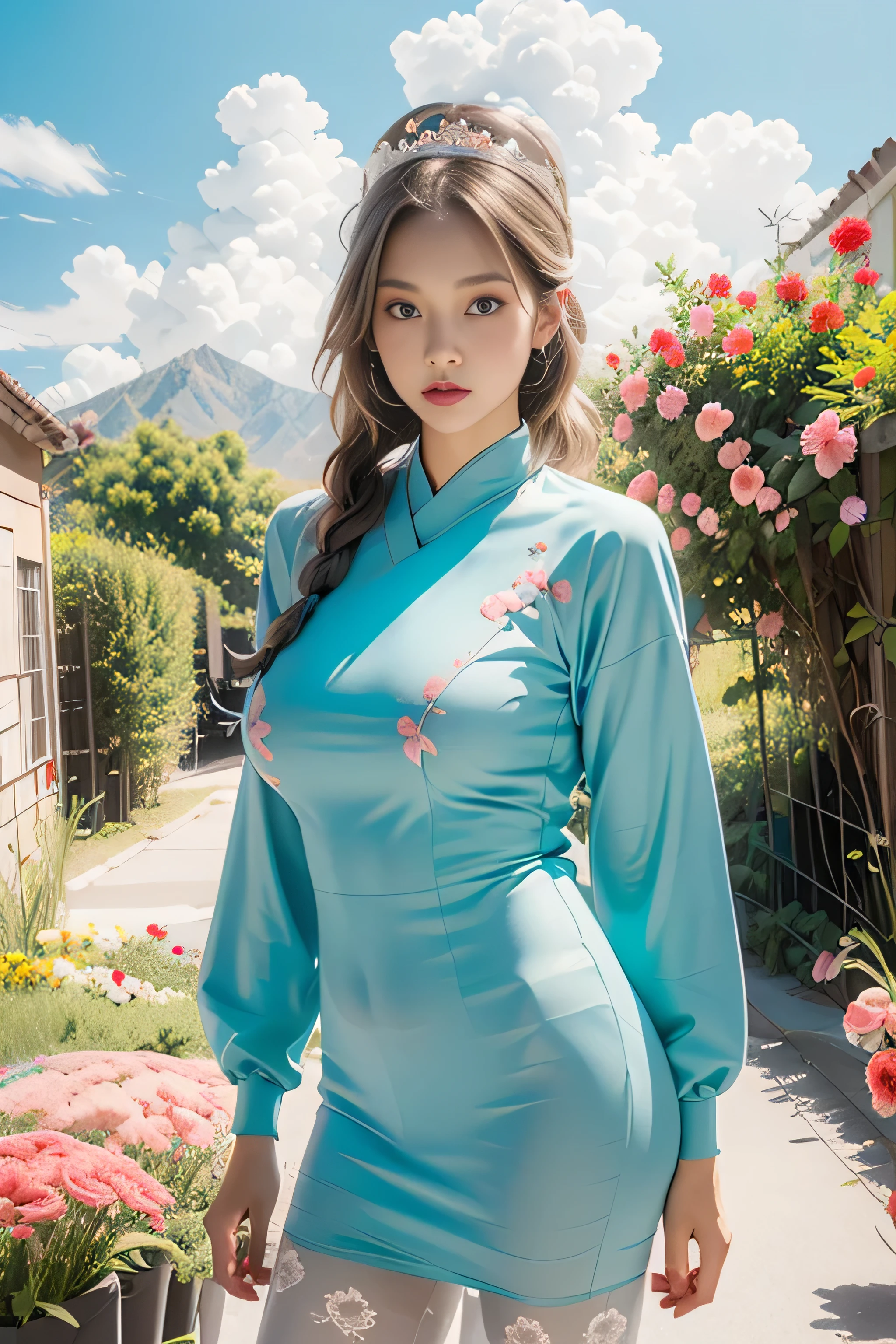 Blue sky, white clouds, distant mountains, towers and many people, pink flowers, cherry blossom trees, woman in hanbok, phoenix crown tiara, fine embroidery, hanbok pantyhose, hanbok, long sleeved hanbok, transparent, look, large breasts, raw, (8k, top quality, masterpiece): 1.8), (reality: 1.8), Octane Rendering, studio soft light, side light, vivid detail, super detail, realistic skin texture, detail, beautiful eyes, high definition CG Unity 16k wallpaper, cosmetic, (detailed background: 2. 0), transparent fingers, beautiful fingers, glowing skin, open legs, Camel toes showing thighs, 