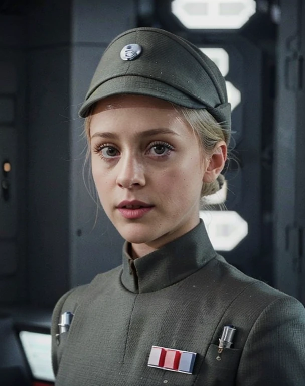 fashion photography of Lili Reinhart in olive gray imperialofficer uniform and hat, blonde hair in small tight bun, smooth pale white skin, sad, sci-fi Death Star control room, sharp focus, dlsr, ultra sharp, professional Photographer, film grain, very detailed skin texture, photorealistic, no makeup