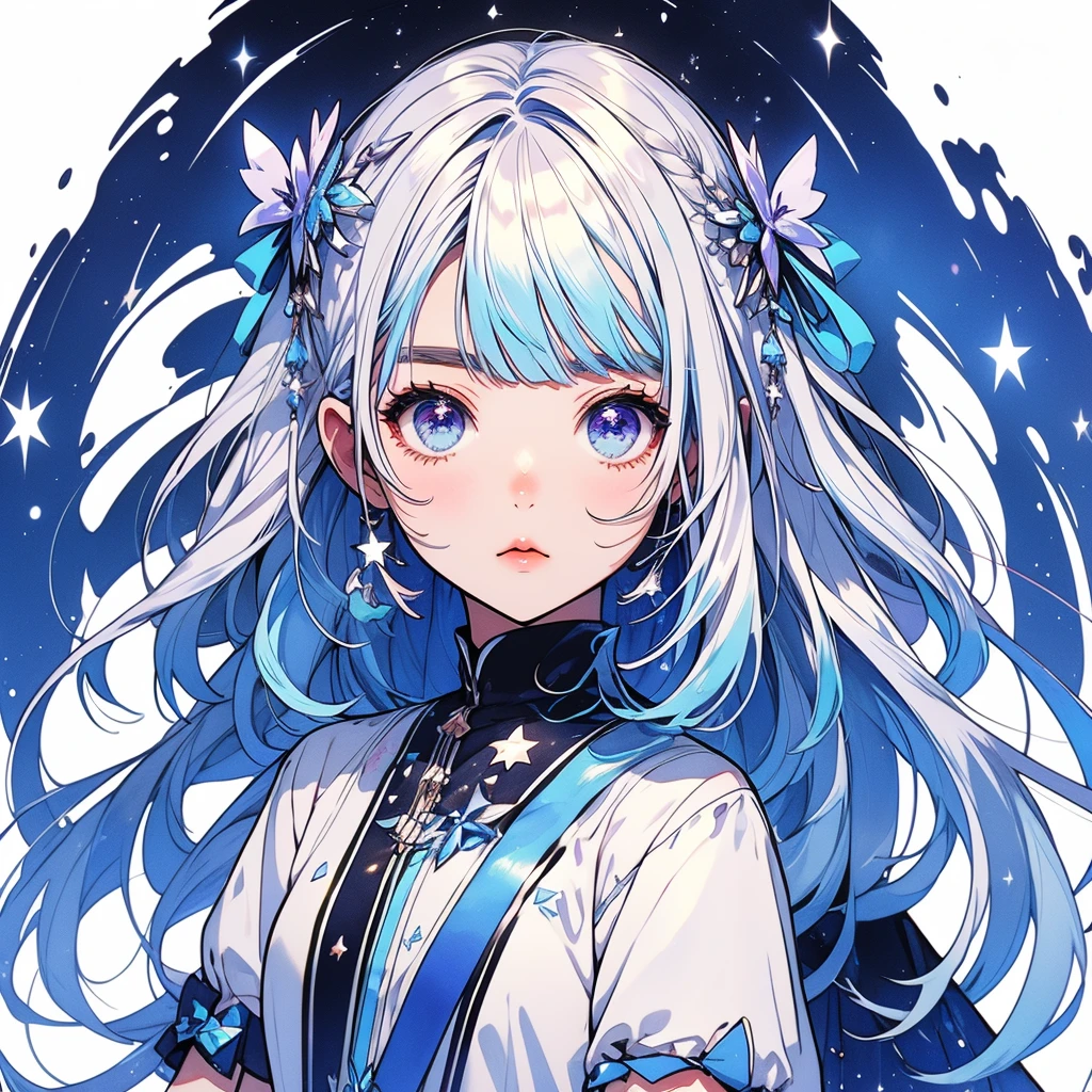 Picture Frame、Star Fairy、glow hair 、Vtuber half、Bangs shorter than eyebrows Aster Piece、highest quality、Best illustration、Super fine、Upper Body、solo、1 girl、looking at the camera、upright、Arms at your sides、Beautiful delicate eyes、Concept Art、More frontal、White background、Simple Background、Droopy and large eyes、Ultra-fine mesh、Sparkling Eye Silky White and Blue Gradient Long Hair、Short sleeve、Watercolor pencil、Kind Face、Virtual YouTuber、