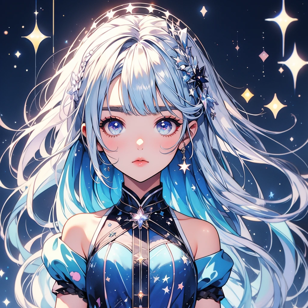 Picture Frame、Star Fairy、glow hair 、Vtuber half、Bangs shorter than eyebrows Aster Piece、highest quality、Best illustration、Super fine、Upper Body、solo、1 girl、looking at the camera、upright、Arms at your sides、Beautiful delicate eyes、Concept Art、More frontal、White background、Simple Background、Droopy and large eyes、Ultra-fine mesh、Sparkling Eye Silky White and Blue Gradient Long Hair、Short sleeve、Watercolor pencil、Kind Face、Virtual YouTuber、