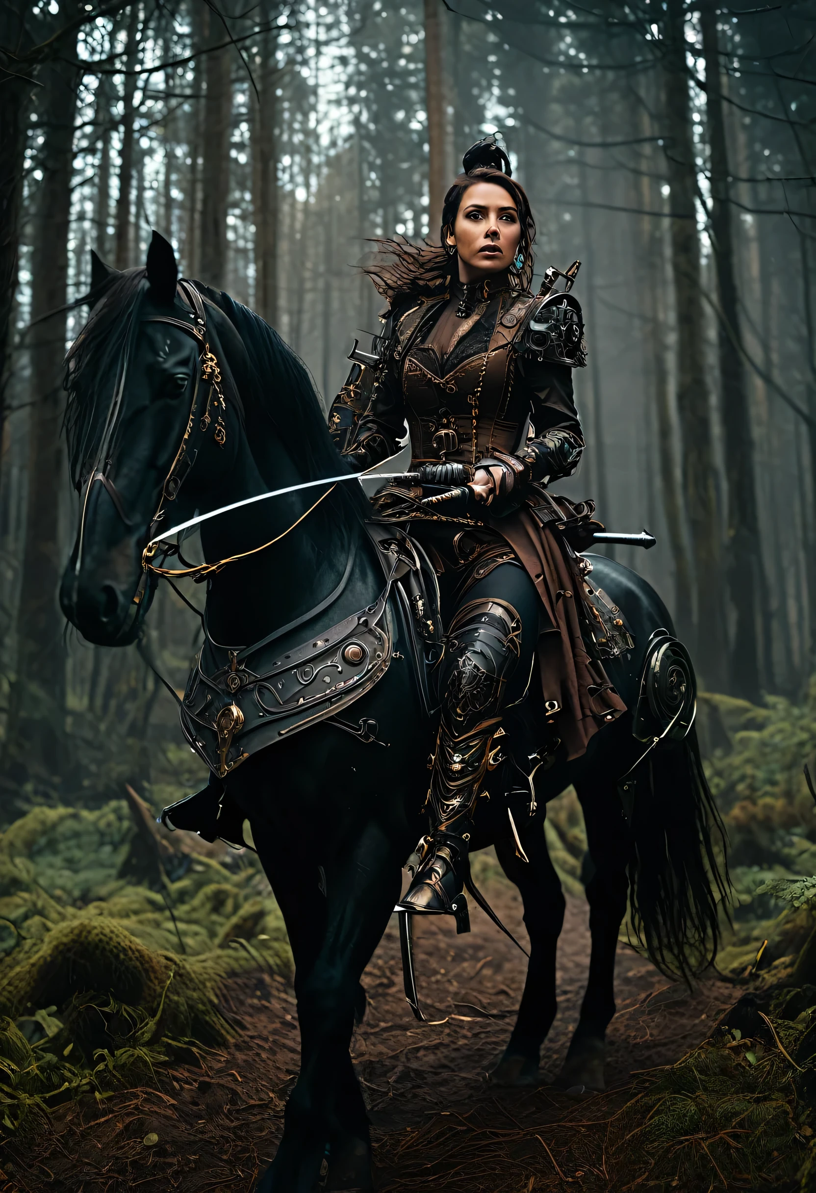 Hyper-detailed steampunk metal dark brown Woman The Hunter in cinematic 8K, ornate, photorealistic, walking towards the viewer holding a big intricate sword in haunted forest, beside a black horse, intricate steampunk armor, dramatic lighting, ominous atmosphere, mechanical elements, industrial color palette, menacing presence, high quality, photorealism, hyper-detailed, cinematic, steampunk, ornate, dramatic lighting, industrial, menacing 4k 128k resolution, ultra high definition, cinematic and dramatic lighting, ultrarealistic, vivid color raw