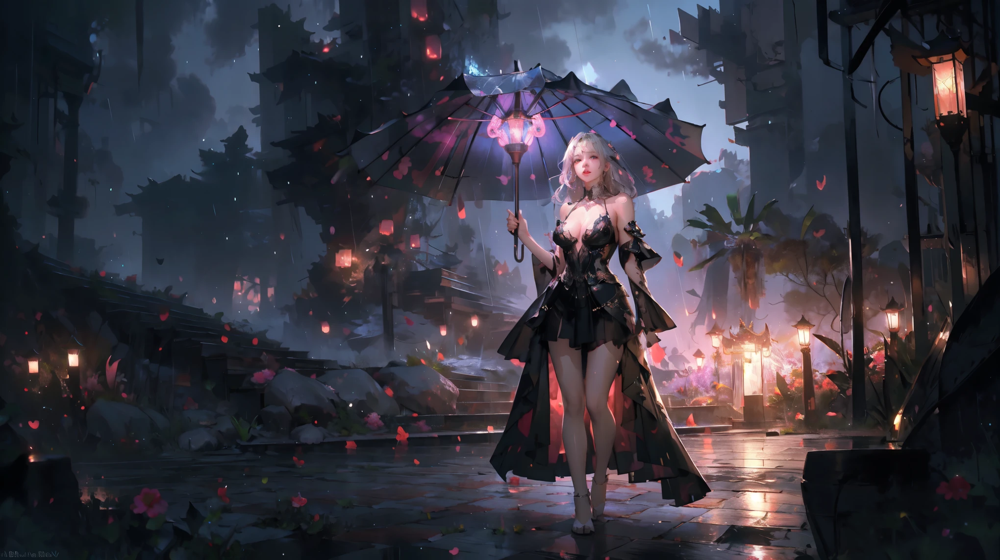 (A rainy night in a bustling city:2.0),(skirt:1.9),Not written,Ethereal Background,Mysterious atmosphere,RAW photos,16K,drama灯光,Colorful,high quality,Precise focus,4D Cinema,drama,Surreal illustration,Super detailed,absurd,Complex Mode, atmosphere,Ultra-high resolution, (Realistically:1.4),(Fractal Art:1.3),(Breasts naturally droop outwards),(Large Breasts),(Silver Hair),(Showing shoulders and thighs),A woman,Neon,drizzle,Umbrella,bus stop,Flash