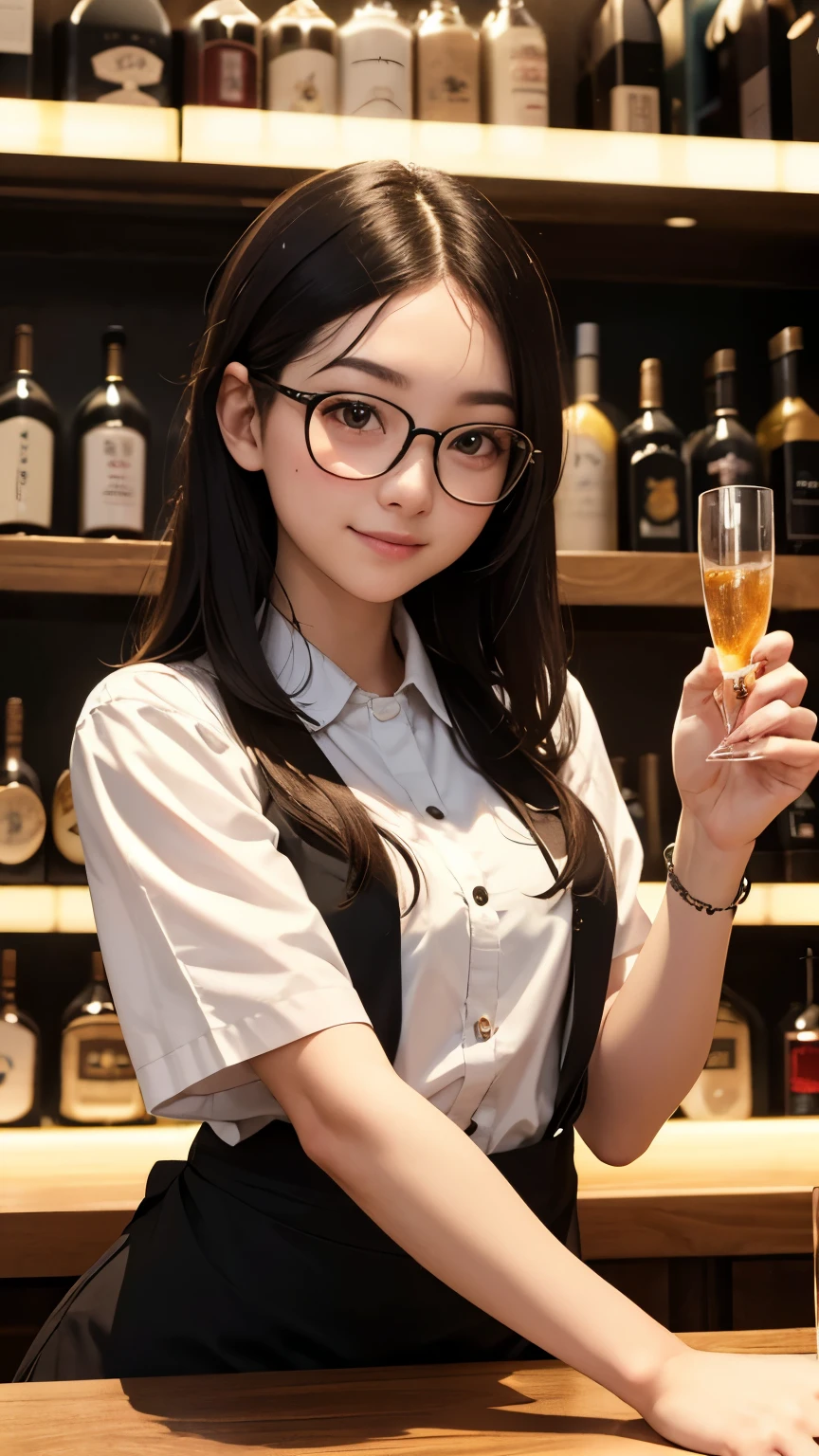 A 28-year-old young female bartender working at a bar in Ginza, wearing glasses, with luxurious shelves lined with bottles in the background, blown hair, no bangs, smile, cinematic lighting, masterpiece, textured skin, high details, best quality, highres