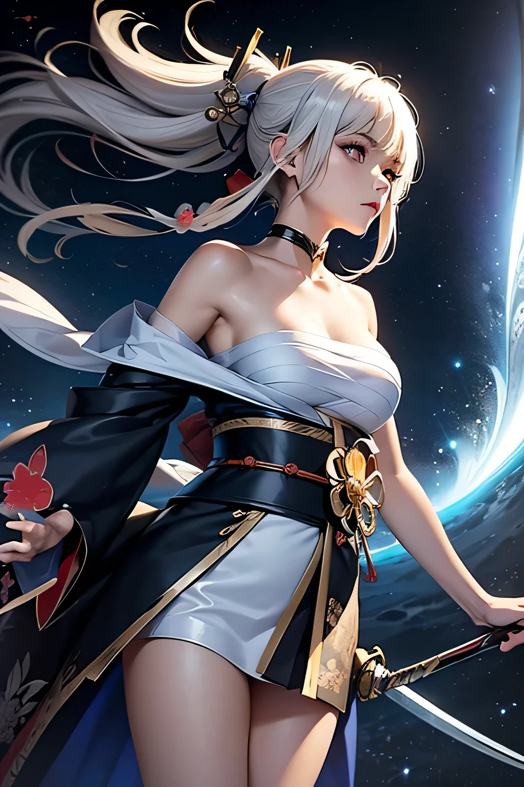 (masterpiece, best quality, dutch angle)(1girl, solo)(white hair,Lapis Lazuli Eyes,Straight long hair)(sarashi,japanese clothes,one shoulder、Wear one kimono:1.4、One shoulder exposed)(Serious expression, Woman holding a sword:1.3、floating hair)(In front of the samurai residence、Mystical Night、Particles of light float around the woman、Space for fantasy)