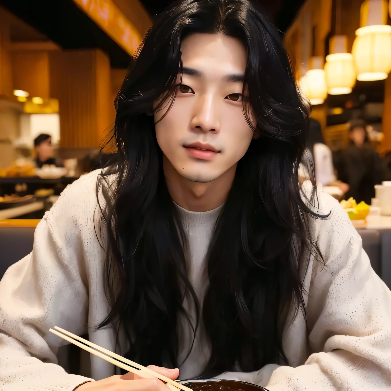 asian man with long black hair eating a bowl of noodles, south korean male, with long hair, jeon jungkook, male ulzzang, jungkook, mid long hair wavy long - length black hair, young with long hair, with long dark hair, inspired by jeon jungkook, with his long black hair