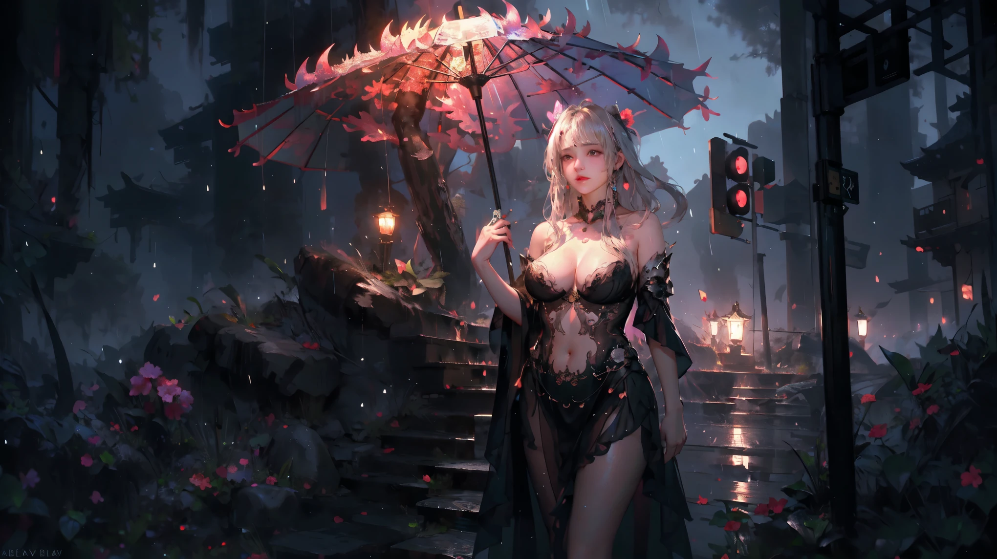 （A rainy night in a bustling city：2.0），（skirt：1.9），Not written，Ethereal Background，Mysterious atmosphere，RAW photos，16K，drama灯光，Colorful，high quality，Precise focus，4D Cinema，drama，Surreal illustration，Super detailed，absurd，Complex Mode， atmosphere，Ultra-high resolution， (Realistically:1.4)，(Fractal Art:1.3)，（Breasts naturally droop outwards），（Large Breasts），（Silver Hair），（Showing shoulders and thighs），A woman，Neon，drizzle，Umbrella，bus stop，Flash