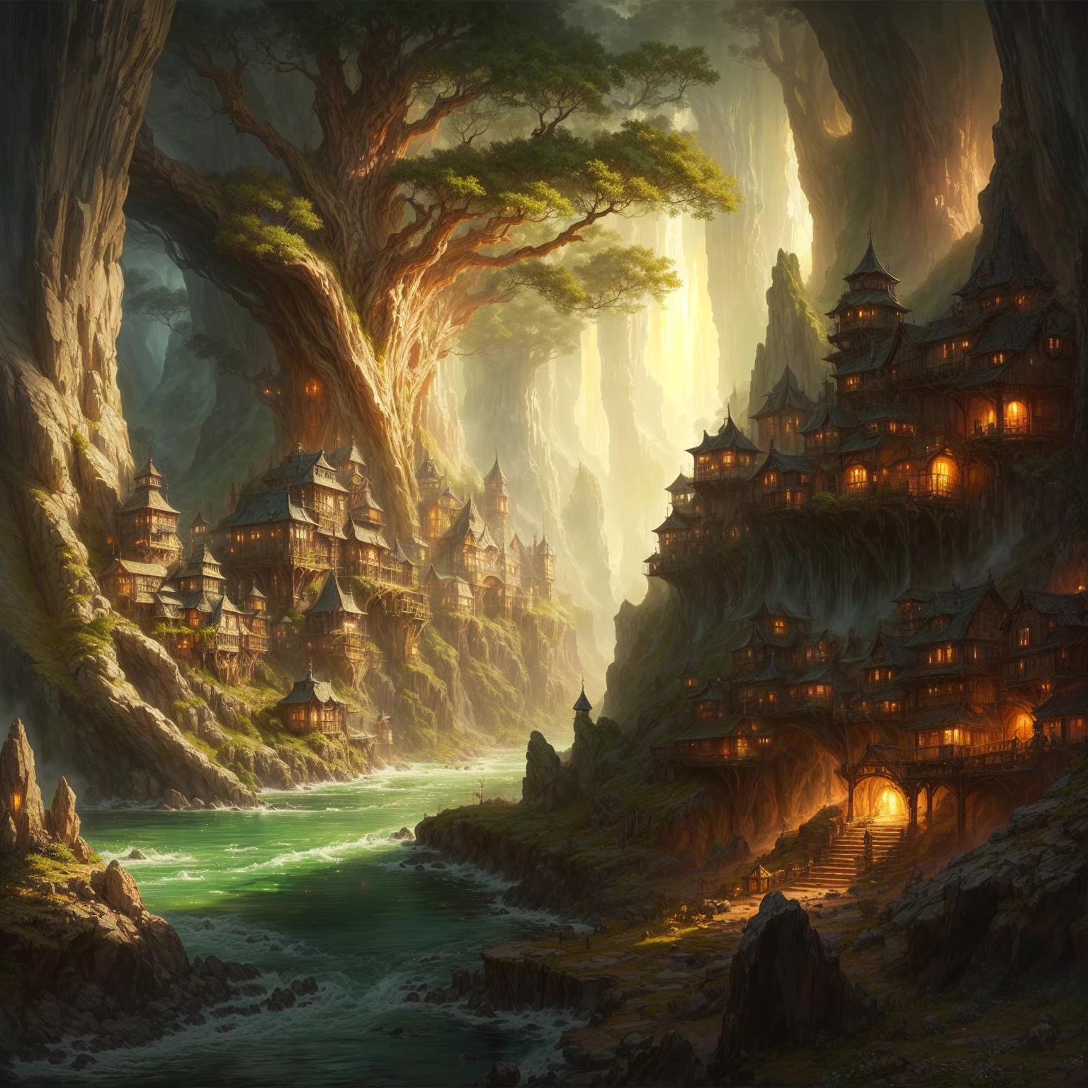 a painting of a cave with a waterfall and a bridge, highly detailed fantasy art, detailed fantasy digital art, beautiful fantasy cave scene, Fantasy art realistic painting, detailed fantasy art, fantasy art landscape, impressive fantasy landscape, breathtaking fantasy art, Wide Angle Fantasy Art, detailed matte fantasy painting, symmetrical epic fantasy art, Fantasy Painting HD, beautiful fantasy painting