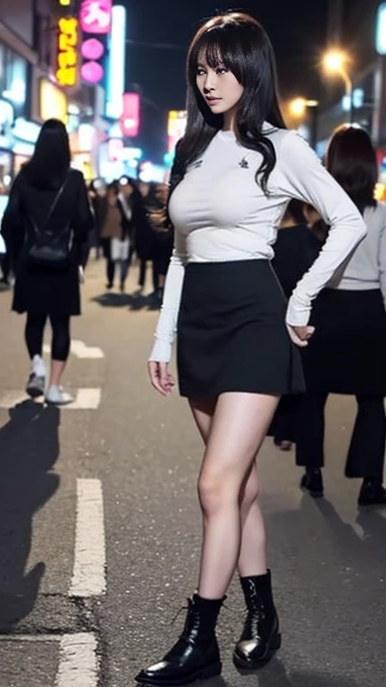 Young Japanese Woman、(Slender women、slender),(Long Hair,Light Wave、curl),Beauty、cute、(Grey long sleeve,A tight fitting long T-shirt、tight long t-shirt:1.3),(A skirt made of thin fabric、Black Skirt:1.3),(A skirt that accentuates the hip line:1.5),(Large Breasts、The unevenness of the body is noticeable:1.3)、(Black shoes、Heel)、Late Night、bustling street、In front of the station、crowd、crowd、(Walking、Shooting from the side:1.2)
