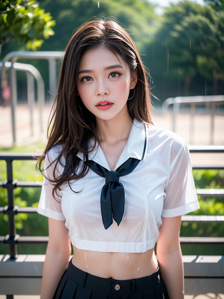 ((pantiess:1.5)) ((Japan Beautiful Girl:1.3)) ((Rainy:1.5)) (Naval School Bloomers:1.4), Thin_Fabric ((White short sleeves:1.2)) (( In a school playground:1.4)) (( Breasts:1.4)) ((Sweaty:1.5)) ((After sex:1.2)) ((Blushing:1.3)) ((face wet:1.3)) ((:1.4)) ((Clothes are wet:1.4)) ((Random sexy pose:1.5)) (()) ((Close-up:1.2)) Best quality,Masterpiece,Ultra-high resolution,(Photorealistic:1.4),RAW photo,(Authentic skin texture:1.3),(filmgrain:1.3),in a panoramic view,Character portrait,very wide wide shot,Narrow waist,Cowboy shot,(In the dark, deepshadow, low tune, Cold light,) Night,(()),streaming tears,,Dust,Tyndall effect,(expression),1girll,Beautiful detailed eyes and face,White jabot,Brown eyes,((Brown hair:1.2)) ((Long hair))