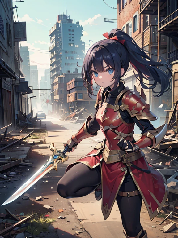 (8k, highest quality, Tabletop:1.2)、Ultra-high resolution, End of the century worldview, One 16-year-old girl, Perfect Fingers, Detailed face, Serious face, blue eyes, Red hair, ponytail, Silver armor, Gauntlet, Long tights, Iron Leg Guards, In the ruined city, The dust rises, dim, carry a sword on one&#39;s waist, Arms crossed, upright