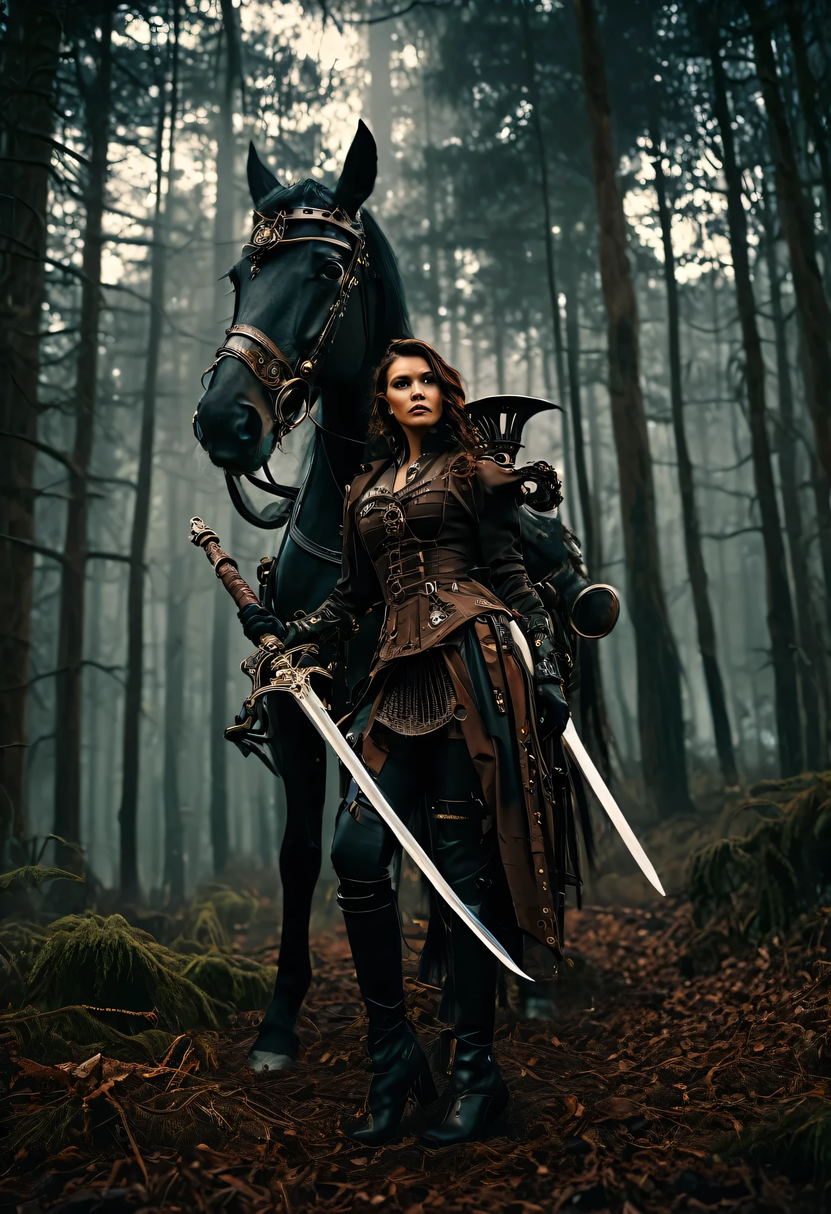Hyper-detailed steampunk metal dark brown Woman The Hunter in cinematic 8K, ornate, photorealistic, walking towards the viewer holding a big intricate sword in haunted forest, beside a black horse, intricate steampunk armor, dramatic lighting, ominous atmosphere, mechanical elements, industrial color palette, menacing presence, high quality, photorealism, hyper-detailed, cinematic, steampunk, ornate, dramatic lighting, industrial, menacing 4k 128k resolution, ultra high definition, cinematic and dramatic lighting, ultrarealistic, vivid color raw