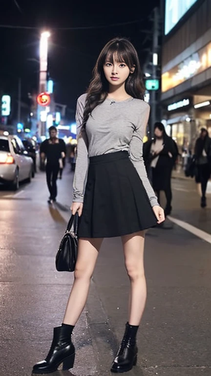 Young Japanese Woman、(Slender women、slender),(Long Hair,Light Wave、curl),Beauty、cute、(Grey long sleeve,A tight fitting long T-shirt、tight long t-shirt:1.3),(A skirt made of thin fabric、Black Skirt:1.3),(A skirt that accentuates the hip line:1.5),(Slightly larger breasts、The unevenness of the body is noticeable:1.3)、(Black shoes、Heel)、Late Night、bustling street、In front of the station、crowd、crowd、(Walking、Shooting from the side:1.2)、Have a shoulder bag