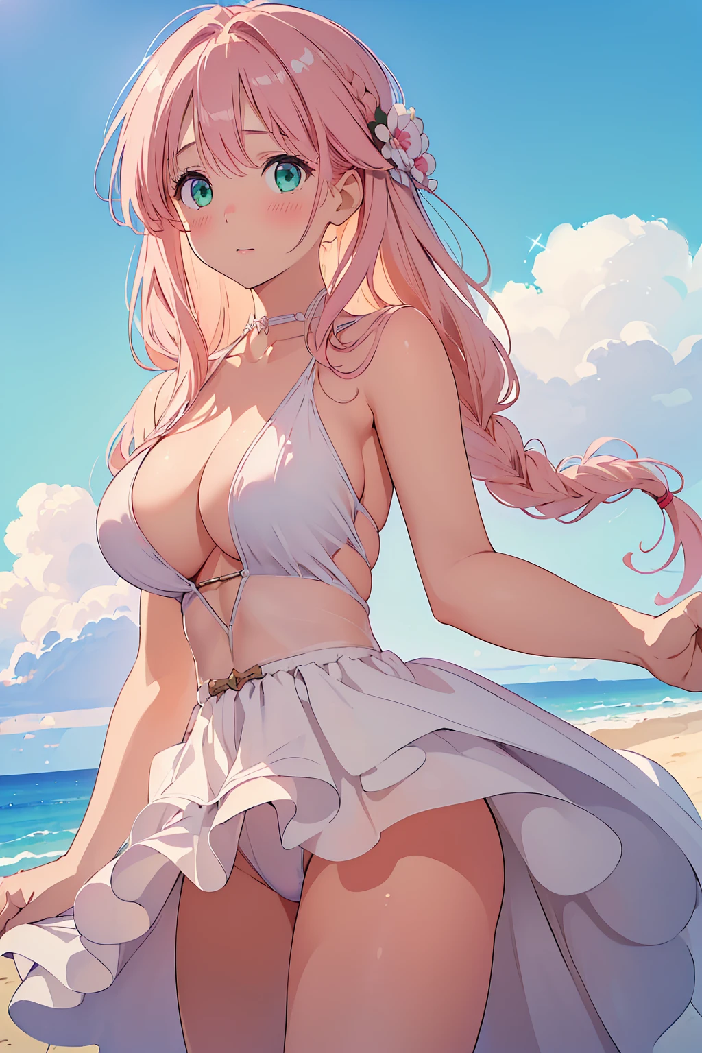 ((highest quality, 8k, masterpiece:1.4)),  (Embarrassing, blush), Pink Hair，Long braid on one side.. Exterior, White dress shirt, Huge boobs:1.5, Large Breasts, valley, ((Cute pajamas)), Glossy Skin，Detailed skin texture, Green Eyes, Realistic Background, Upper body photo, Cowboy Shot,Photo from below, 