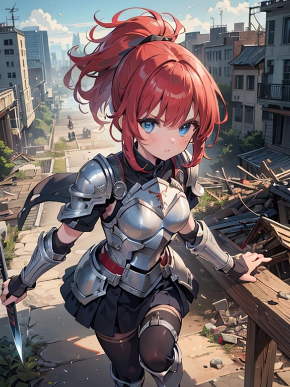 (8k, highest quality, Tabletop:1.2)、Ultra-high resolution, End of the century worldview, One 22-year-old girl, Perfect Fingers, Detailed face, Serious face, blue eyes, Red hair, ponytail, Silver armor, Gauntlet, Long tights, Iron Leg Guards, In the ruined city, The dust rises, dim, carry a sword on one's waist, Arms crossed, upright