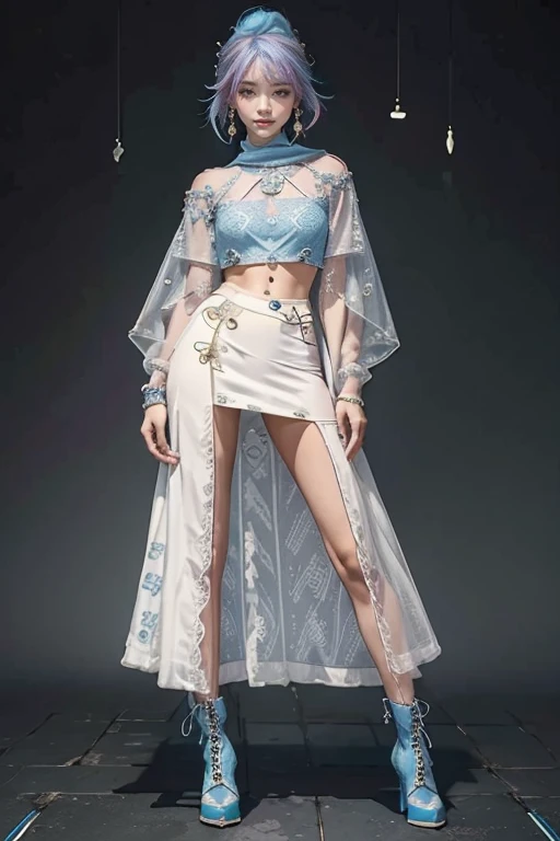 highest quality, Very detailed, masterpiece, Two women posing,(((Perfect female body))),Very beautiful face, Very beautiful body,Gentle expression, Very beautiful eyes,(Perfect Makeup:1.1),Fashion Model,pop punk fashion, Mullet Cut,Shaggy Hair,pink and blue hair:1.3, very thin body,Smart Abs,((Monogram pattern:1.3)),Various gradations,Fishnet blouse,Long pencil skirt,LED Light,Two-tone high top boots,A kind smile,Full body portrait,(Cyber City:1.3), (Shiny skin),(Earrings),Elegant scarves,See-through long shawl,Liquid Metal,gas mask,