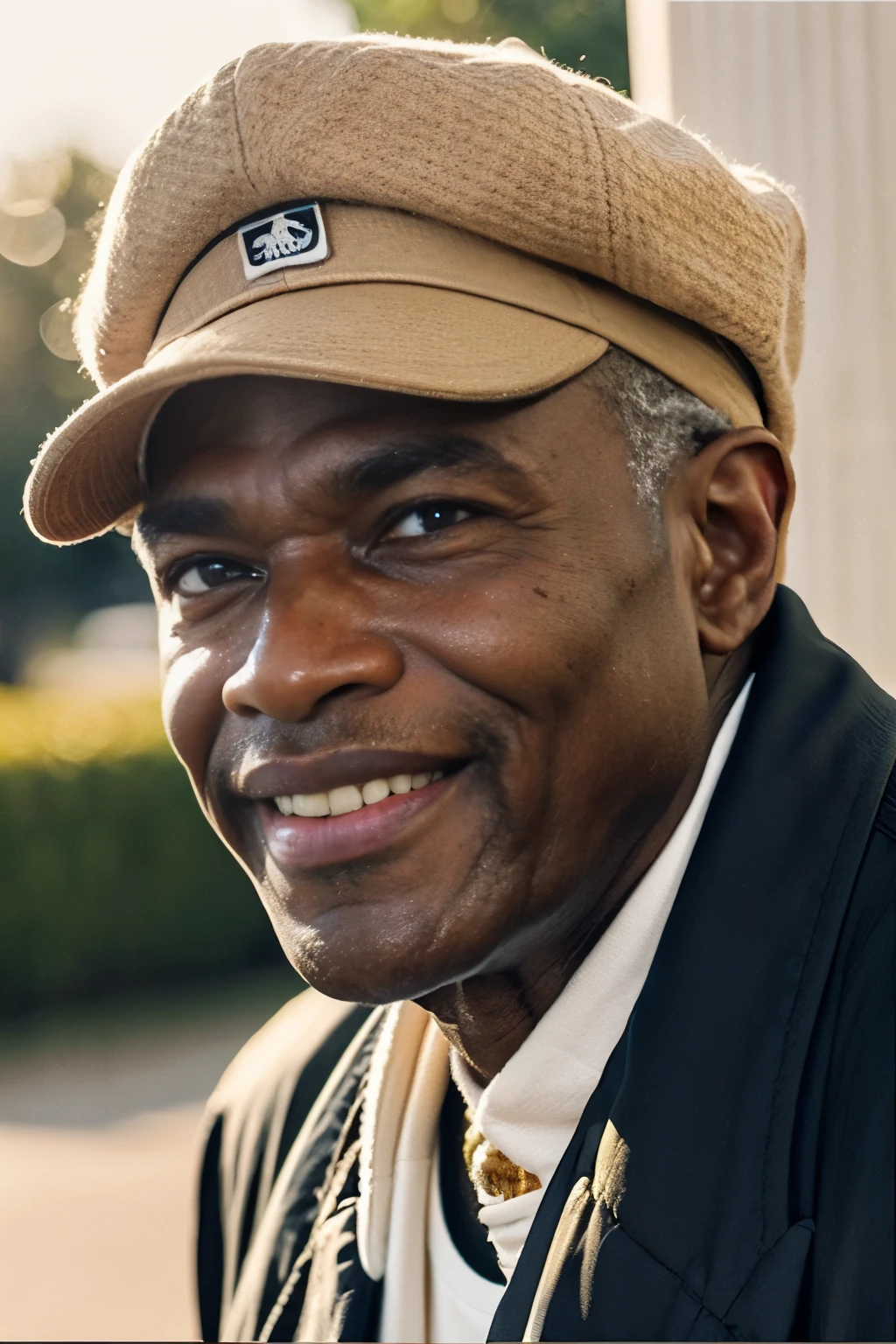 old african black man with smiling eyes, wearing a white cap and T-shirt. His skin is warm-toned with greying hair. The soft natural lighting and warm blurred background give a relaxed outdoor feel.
































