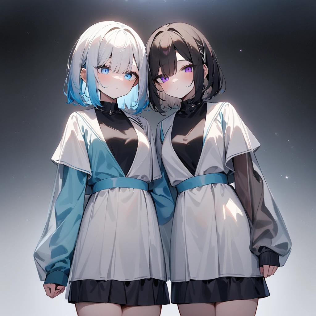 {{2girls}},masterpiece,best quality,very aesthetic,absurdres,cowboy shot,lightcolor,darkcolor,light hair,dark hair,White hair,light  blue hair,light  blue eyes,Lovely,translucent hair,dark purple eyes,headless,(black hair,one eyes),