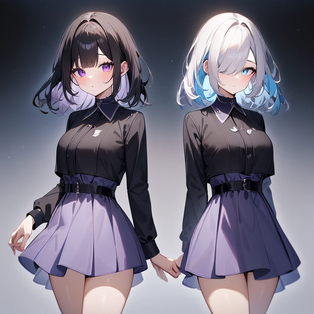 {{2girls}},masterpiece,best quality,very aesthetic,absurdres,cowboy shot,lightcolor,darkcolor,light hair,dark hair,White hair,light blue hair,light blue eyes,Lovely,translucent hair,dark purple eyes,headless,(black hair,one eyes),
