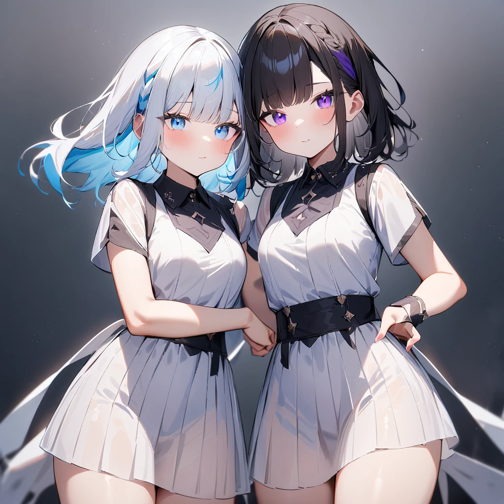 {{2girls}},masterpiece,best quality,very aesthetic,absurdres,cowboy shot,lightcolor,darkcolor,light hair,dark hair,White hair,light blue hair,light blue eyes,Lovely,translucent hair,dark purple eyes,headless,(black hair,one eyes),