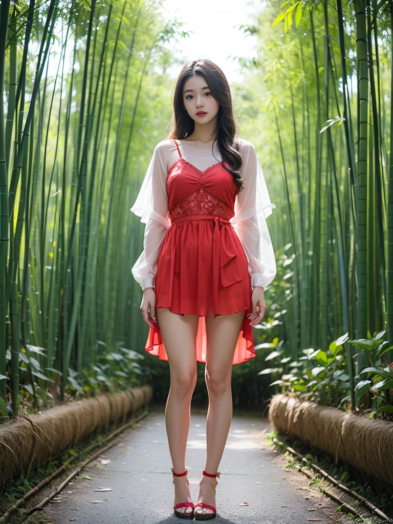 (best quality, 4K, masterpiece :1.3), bamboo forest，pretty Woman, 1 girl, Full body image, red，chiffon， transparent clothes，Translucent clothes， High heel