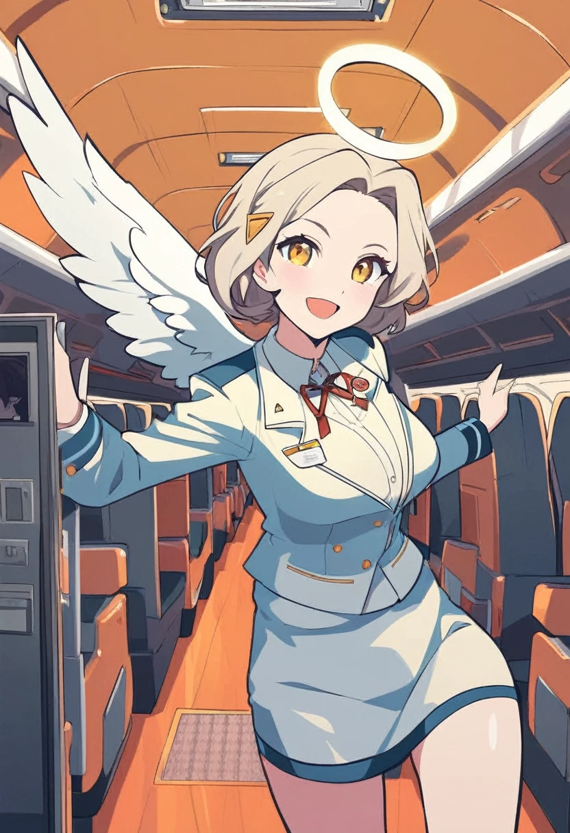 pop art,flat design,
angel girl,cute,ange halo,(big white wings),
(flight attendant uniform),
in the airplane,open door,
dynamic pose,nihilistic smile,beautiful lighting,photographic portrait, sharp,
