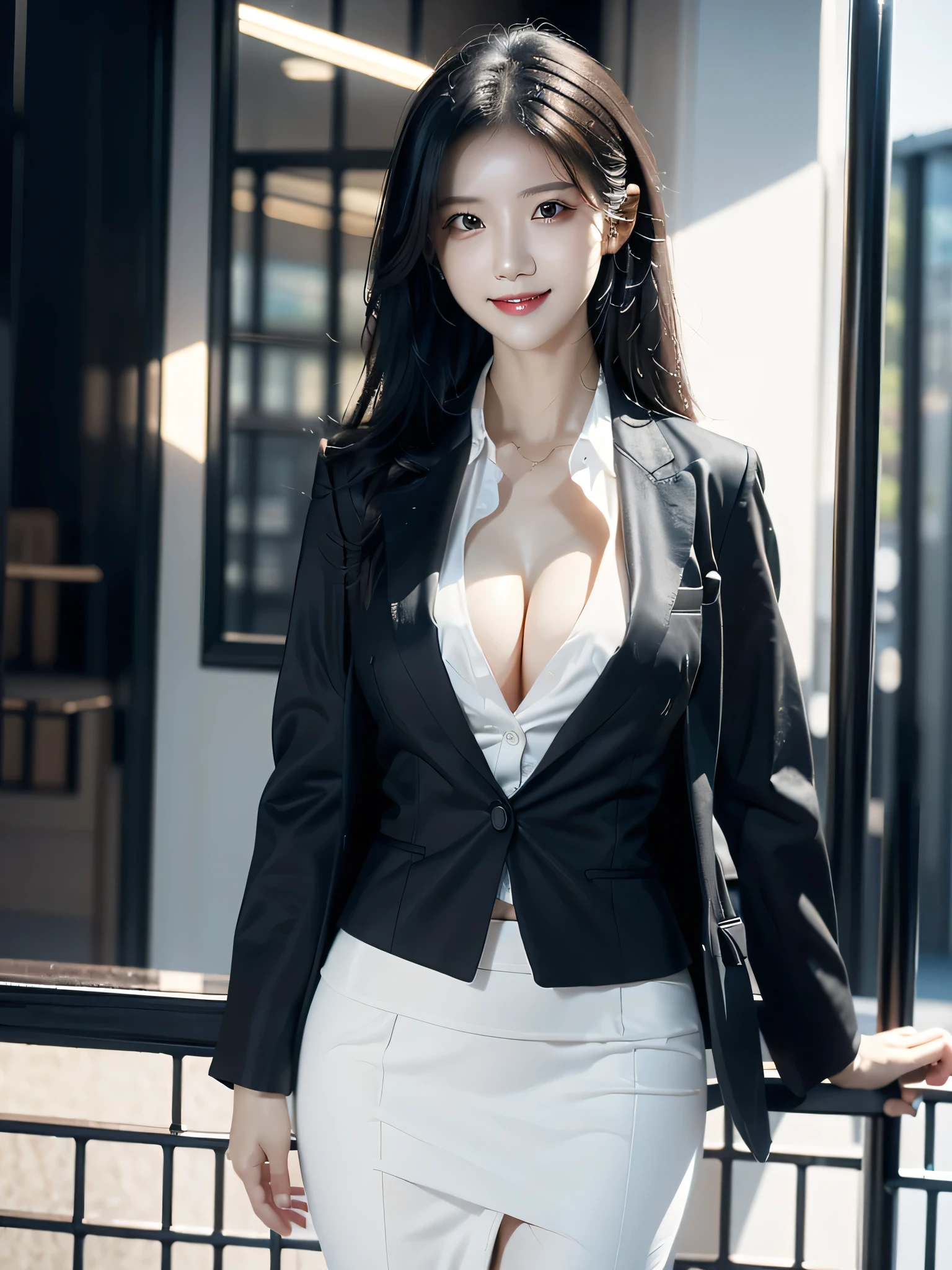 masterpiece, absurdres, best quality, extremely detailed eyes and face, natural skin texture, detailed skin, sharp focus, intricate details, BREAK (perfect fingers, perfect hands), BREAK beautiful woman, 30-year-old, black eyes, black long hair, (medium breasts:1.3), (flat chest:1.2), (wide hips:1.3), (business suit:1.3), (black jacket:1.3) , (white shirt:1.3), pencil skirt, knee-length, (light smile:1.2)