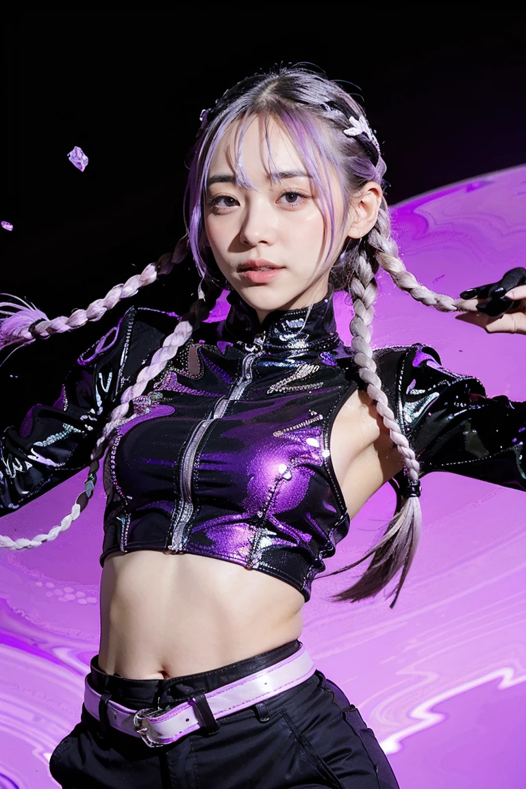 ((Couple with a girl:1.3)),Best Quality, Ultra High Resolution, Cute, (KPOP Idol), (Long Twintail), (Light Purple Hair:1), ((Big Eyes)), Looking at you,
BREAK ((upper body:1.3)), Front View,A character with long, flowing silver hair and a slender build, wearing a black and white outfit that includes thigh-high boots and gloves. The character is in a dynamic pose surrounded by ethereal purple crystals and energy,
The character is in a dynamic pose surrounded by ethereal purple crystals and energy,A character with long, flowing purple hair, wearing a metallic top and black shorts with thigh-high boots. The outfit includes straps and belts, giving it a futuristic or fantasy style. The character is in a dynamic pose with radiant light or energy surrounding them, set against a minimalistic abstract background,