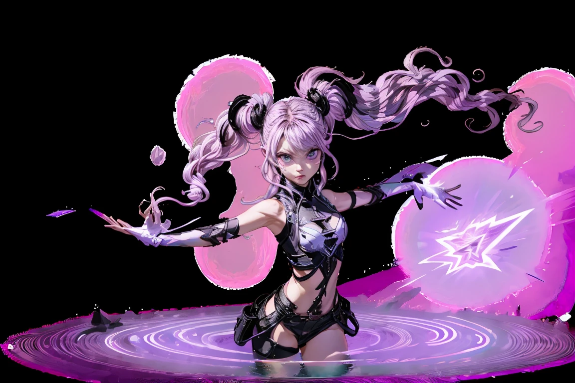 Best Quality, Ultra High Resolution, Cute, (KPOP Idol), (Long Twintail), (Light Purple Hair:1), ((Big Eyes)), Looking at you, BREAK ((upper body:1.3)), Front View,A character with long, flowing silver hair and a slender build, wearing a black and white outfit that includes thigh-high boots and gloves. The character is in a dynamic pose surrounded by ethereal purple crystals and energy, The character is in a dynamic pose surrounded by ethereal purple crystals and energy,A character with long, flowing purple hair, wearing a metallic top and black shorts with thigh-high boots. The outfit includes straps and belts, giving it a futuristic or fantasy style. The character is in a dynamic pose with radiant light or energy surrounding them, set against a minimalistic abstract background,