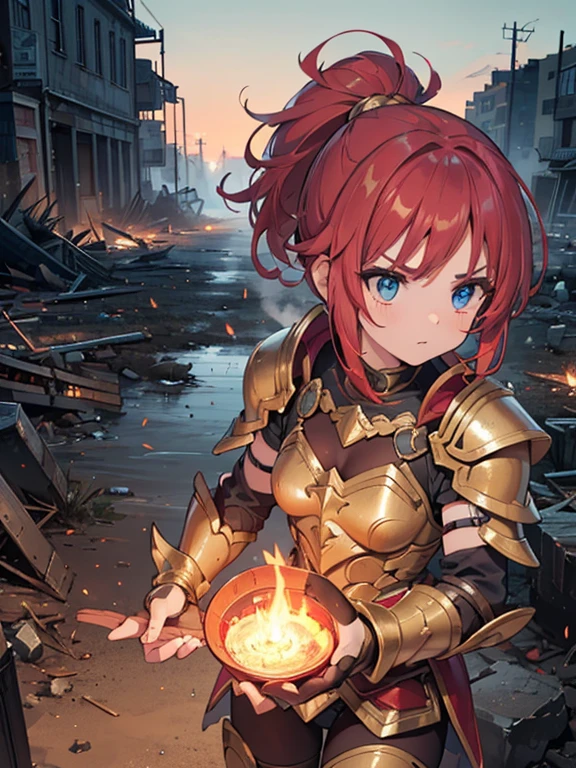 (8k, highest quality, Tabletop:1.2)、Ultra-high resolution, End of the century worldview, One 22-year-old girl, Perfect Fingers, Detailed face, Serious face, blue eyes, Red hair, ponytail, Gold Armor, Gauntlet, Long tights, Leggers, In the ruined city, The dust rises, dim, carry a sword on one's waist, Arms crossed, upright
