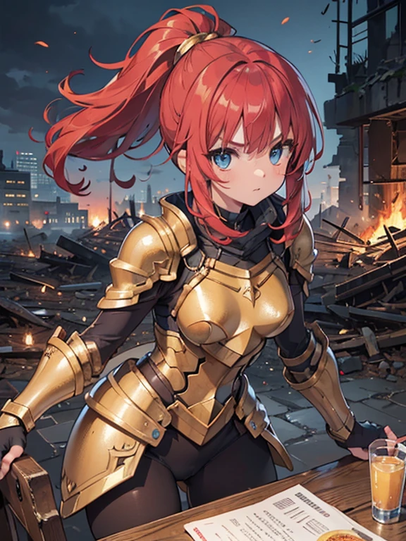 (8k, highest quality, Tabletop:1.2)、Ultra-high resolution, End of the century worldview, One 22-year-old girl, Perfect Fingers, Detailed face, Serious face, blue eyes, Red hair, ponytail, Gold Armor, Gauntlet, Long tights, Leggers, In the ruined city, The dust rises, dim, carry a sword on one&#39;s waist, Arms crossed, upright