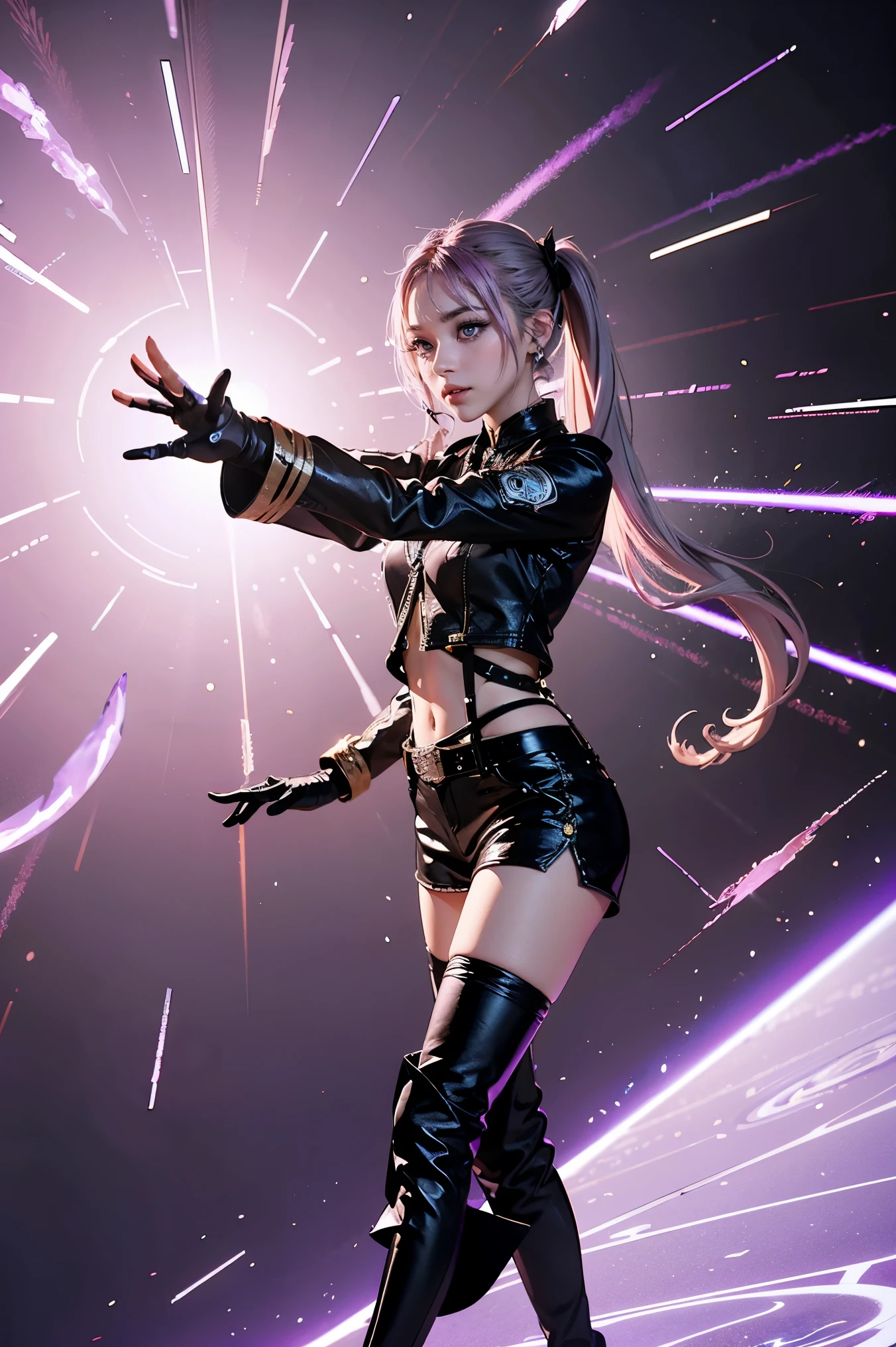 Best Quality, Ultra High Resolution, Cute, (KPOP Idol), (Long Twintail), (Light Purple Hair:1), ((Big Eyes)), Looking at you, BREAK ((upper body:1.3)), Front View,A character with long, flowing silver hair and a slender build, wearing a black and white outfit that includes thigh-high boots and gloves. The character is in a dynamic pose surrounded by ethereal purple crystals and energy, The character is in a dynamic pose surrounded by ethereal purple crystals and energy,A character with long, flowing purple hair, wearing a metallic top and black shorts with thigh-high boots. The outfit includes straps and belts, giving it a futuristic or fantasy style. The character is in a dynamic pose with radiant light or energy surrounding them, set against a minimalistic abstract background,