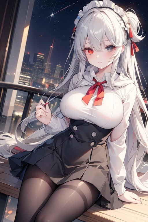 (best quality:1.3), (masterpiece:1.3), (illustration:1.3), (ultra-detailed:1.3), (mid shot:0.9), 1girl, heterochromia eyes, (((red right eye and gray left eye))), (((red right eye))), (((gray left eye))), (((heterochromia))), black headband, white hair, bangs, open sweater hoodie, solo, (((large breasts))), tall, mature, night sky, starry sky, long hair, light smile, skirt, pantyhose, mature, 20 years old, 