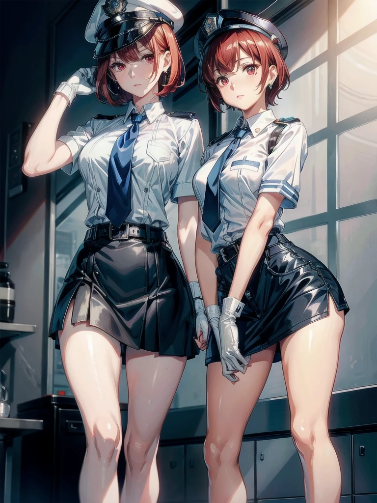 policewoman uniform, light blue short sleeved shirt, navy necktie, high waisted miniskirt, belt, white gloves, police hat, handcuffs, absurdres, RAW photo, extremely delicate and beautiful, masterpiece, Best Quality, ultra high resolution, 32k, hyperrealistic, ultra-detailed, detailed description, pale skin, 20 years old, tearful mole, earring, short medium hair, wavy hair, whole body shot, legs, Redhead, Red eyes, 