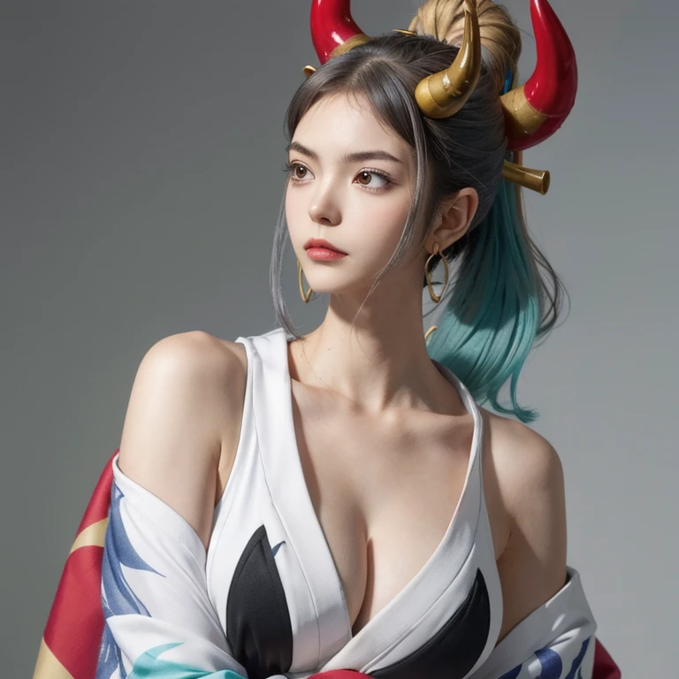 highest quality,masterpiece,8k wallpaper,Absurd, High resolution, Super detailed, (One beautiful girl, alone:1.1),yamato (one piece),chest,Side bust, horn, shimenawa,kimono, rope, multicolored horn, Multicolored Hair, Long Hair, No sleeve kimono,curled horn, Hairpin, Earrings, red horn, hair ornaments, jewelry,Bare arms, kimono, No sleeve,They are,Exposing shoulders, large chest, Brown eyes, Gray Hair, Aqua Hair, clavicle, In the same way, Two-tone hair, Side Lock, High Ponytail, Upper Body, V-shaped eyebrows,break