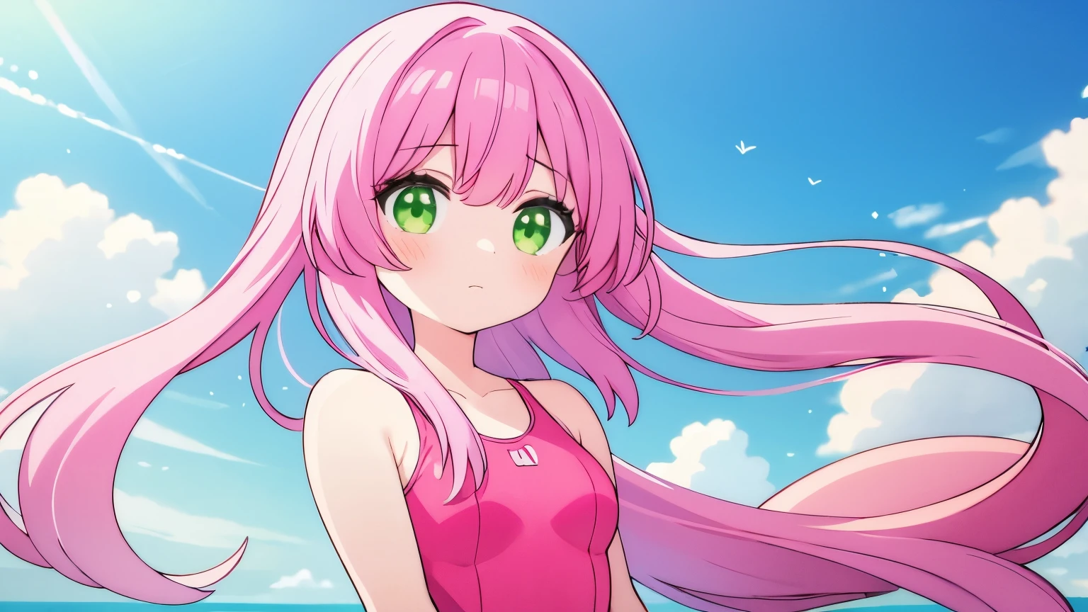 cg, unity, 8k, wallpaper, highest quality, masterpiece, 1 Girl, Cheerful girl, 17 years old, Kunimi Tama,idol pose, (bright smile: 1.2), Cute tank top, (Blue Collar, Blue shorts: 1.3), Short sleeve, barefoot, best writing, Complex pupil, Complex weaving, Detailed Background, on the beach, Low - Angle,masterpiece, highest quality, High resolution, {detailed and beautiful eyes}, finely,  detailed and beautiful eyes,1 Girl, (alone:1.5),  (Hair Ribbon:0.4), Pink Eyes,Cinematic Angles,perspective,White bun hair,long hair in pink,