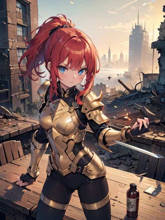 (8k, highest quality, Tabletop:1.2)、Ultra-high resolution, End of the century worldview, One 22-year-old girl, Perfect Fingers, Detailed face, Serious face, blue eyes, Red hair, ponytail, Gold Armor, Gauntlet, Long tights, Leggers, In the ruined city, The dust rises, dim, carry a sword on one&#39;s waist, Arms crossed, upright