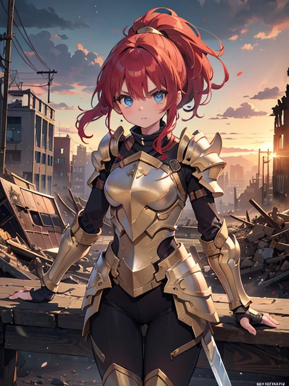 (8k, highest quality, Tabletop:1.2)、Ultra-high resolution, End of the century worldview, One 22-year-old girl, Perfect Fingers, Detailed face, Serious face, blue eyes, Red hair, ponytail, Gold Armor, Gauntlet, Long tights, Leggers, In the ruined city, The dust rises, dim, carry a sword on one's waist, Arms crossed, upright
