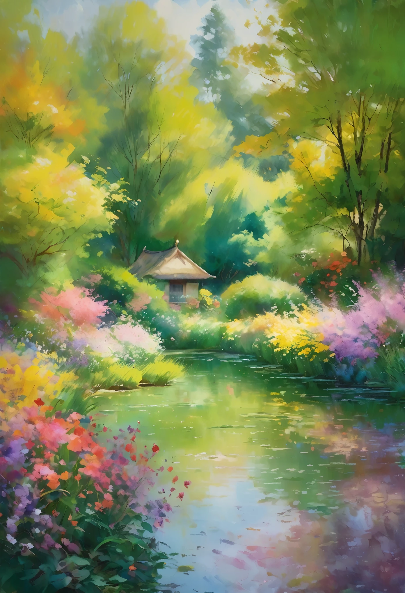 (highest quality、4K、8K、High resolution、masterpiece:1.2)、Super detailed、Real、Inspired by Monet、印象派のmasterpiece、oil、Beautiful detailed brushwork、Colorful flowers、Breathtaking landscapes、Peaceful garden scene、wood々Sunlight shining through、Reflection of rippling water、Subtle pastel colors、Vibrant wildflowers、Dreamy atmosphere、Soft and elegant atmosphere、Lush greenery、Subtle color gradients、Impressionist Texture、A subtle play of light and shadow、Impression of movement and spontaneity、Peaceful and serene、An impression of tranquility and harmony、The beauty of painting、Impressionist Techniques、Ethereal and seductive、Impressionist interpretation of nature、A harmonious composition、Impressionist brushstrokes、Genuine impressionist style、Emotional and vibrant、Wonderfully poetic、Sublime and atmospheric、Romantic and idyllic、印象派の本質を捉えたmasterpiece。