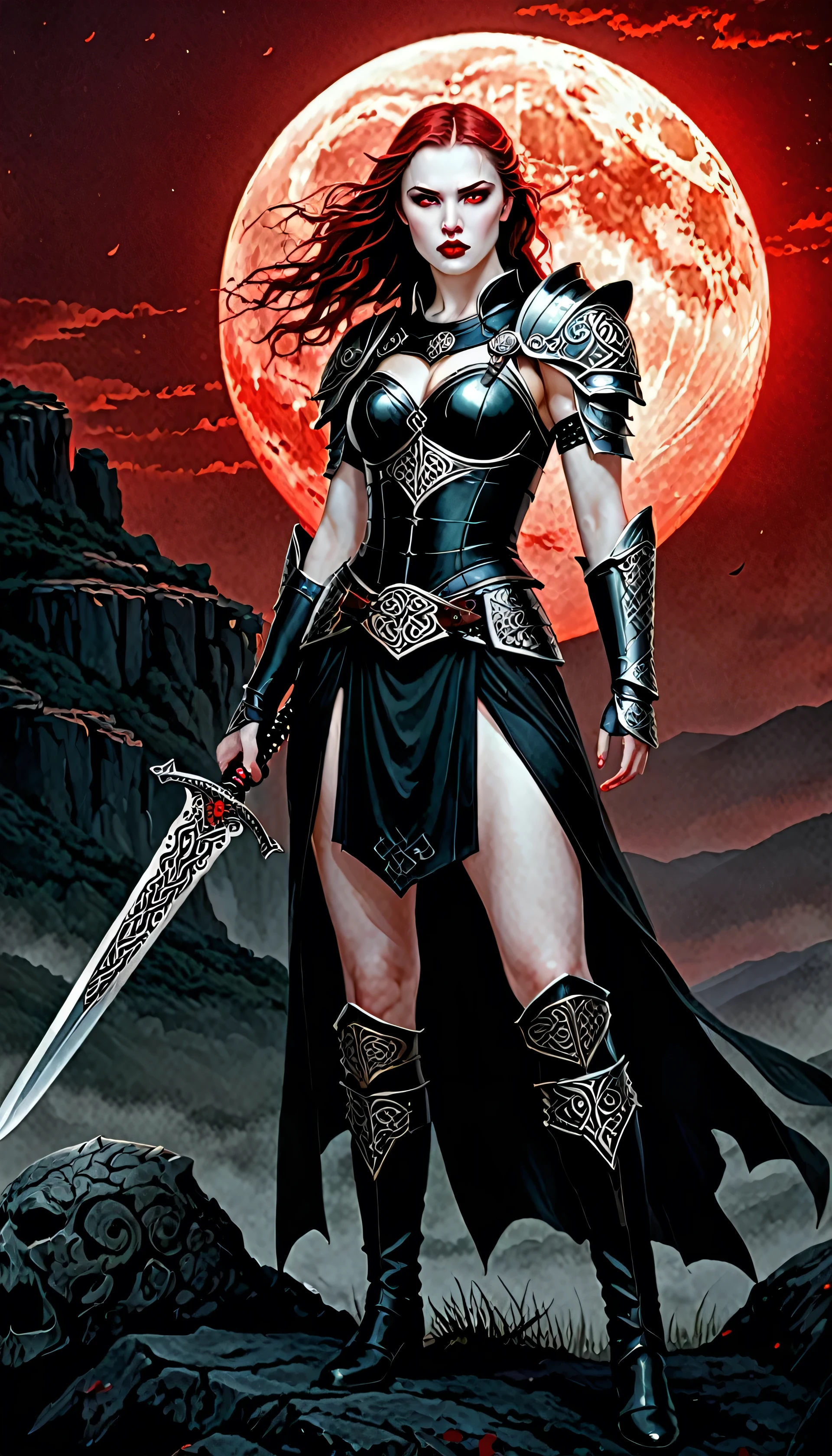 Celtic warrior, sword, wearing leather armored, belts, blood tears, red lips, pale skin, huge red moon in the background, ominous vibe, beautiful color palette, (rough surface:1.2), nature, intricate details, full body, (strong light:1.2),