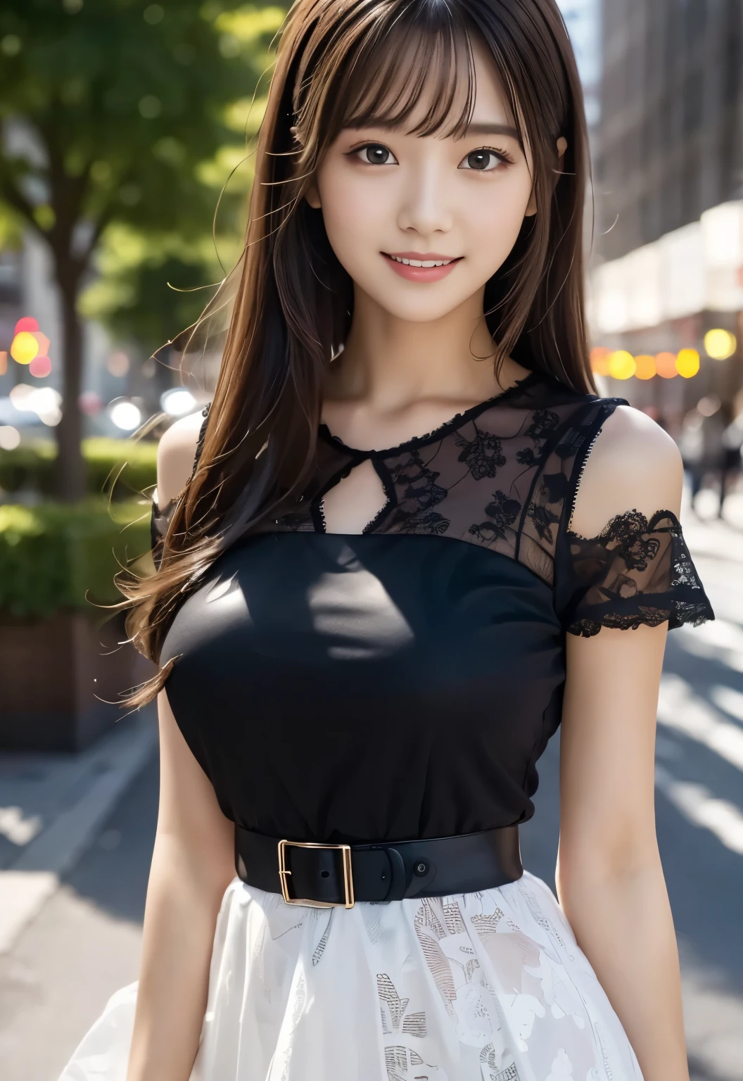 (masterpiece, best quality:1.1), (8k, raw photo, photo realistic:1.2, f22), (shiny skin), detailed skin,long hair,ribbon,detailed face, detailed eyes,smile,BREAK, real world, intricate details, smil, BREAK, 1girl, full body,(short sleeve,black,Lace pattern,dress)BREAK, (Night:1.4)