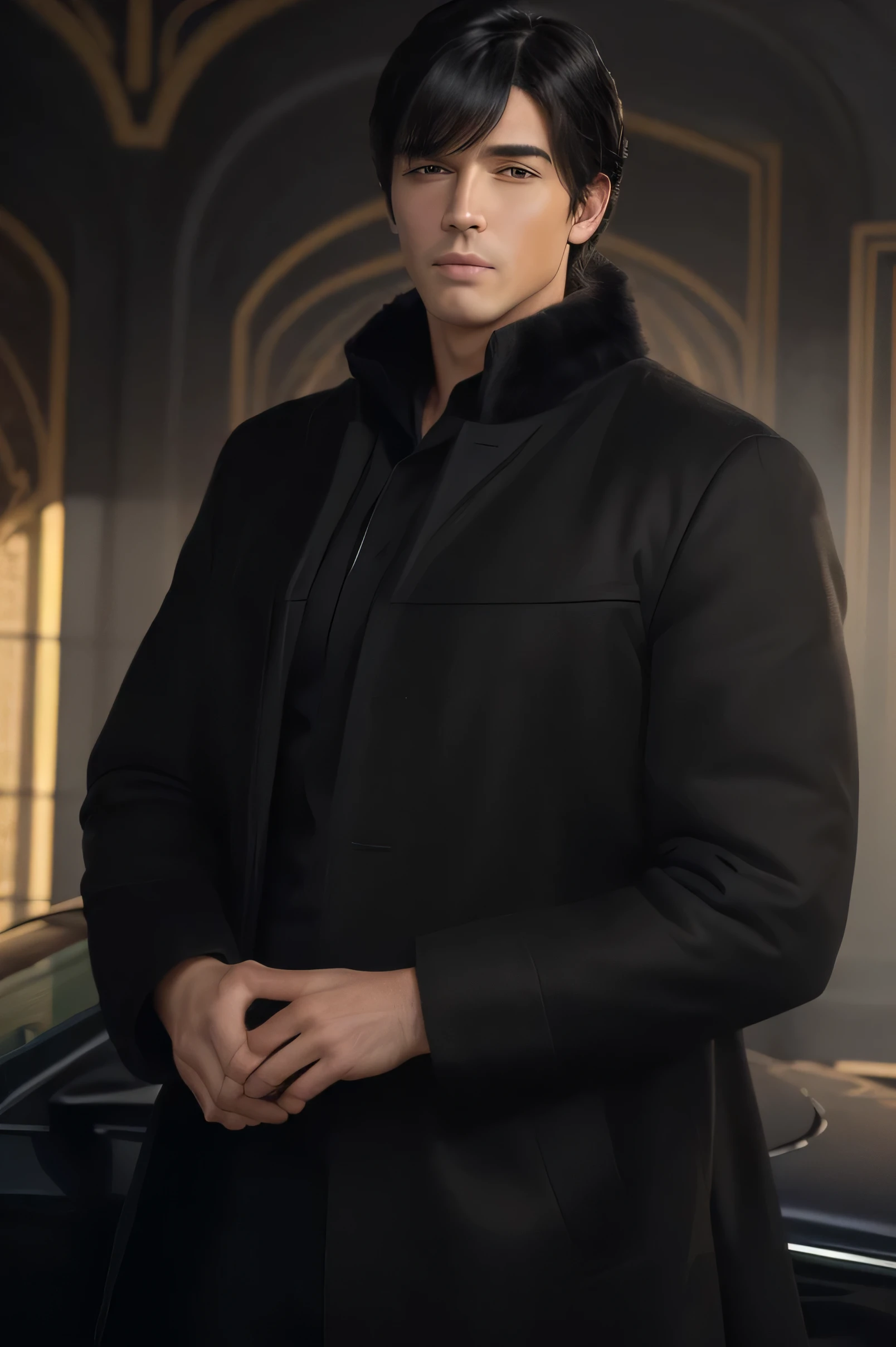 (masterpiece:1.3), (8k, photorealistic, RAW photo, best quality: 1.4), (1men), beautiful full look, (realistic realistic people behind him), (black hair, short hair:1.3), beautiful hairstyle, realistic eyes, beautiful detailed eyes, (realistic skin), beautiful skin, (coat pent ), absurdres, attractive, ultra high res, luxury car behind him in sun light realistic, highly detailed, golden ratio